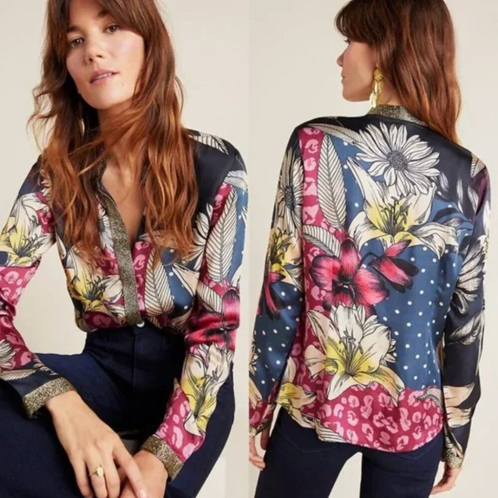 NWT Varun Bahl | Anthropologie Carmen Shimmer Blouse Beaded & Satin | Size XS
